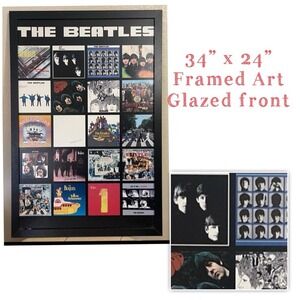 The Beatles Album Cover Collage Framed Art 34x24 Glazed Wall Decor Black Frame